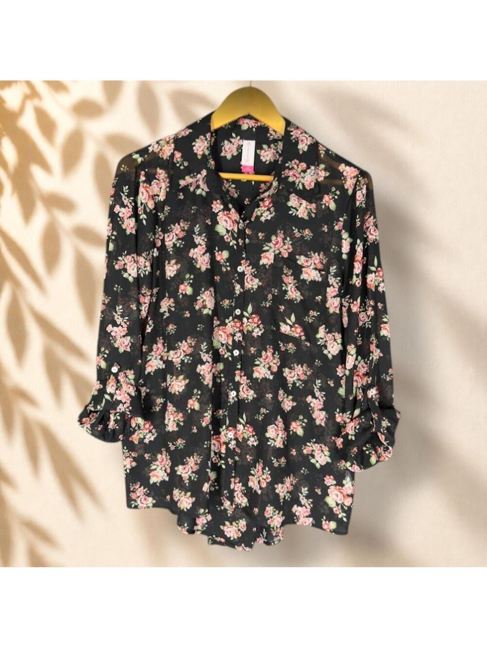 NoBo Shirt Women L Large Black Floral Button Up Collared Long Sleeve Sheer